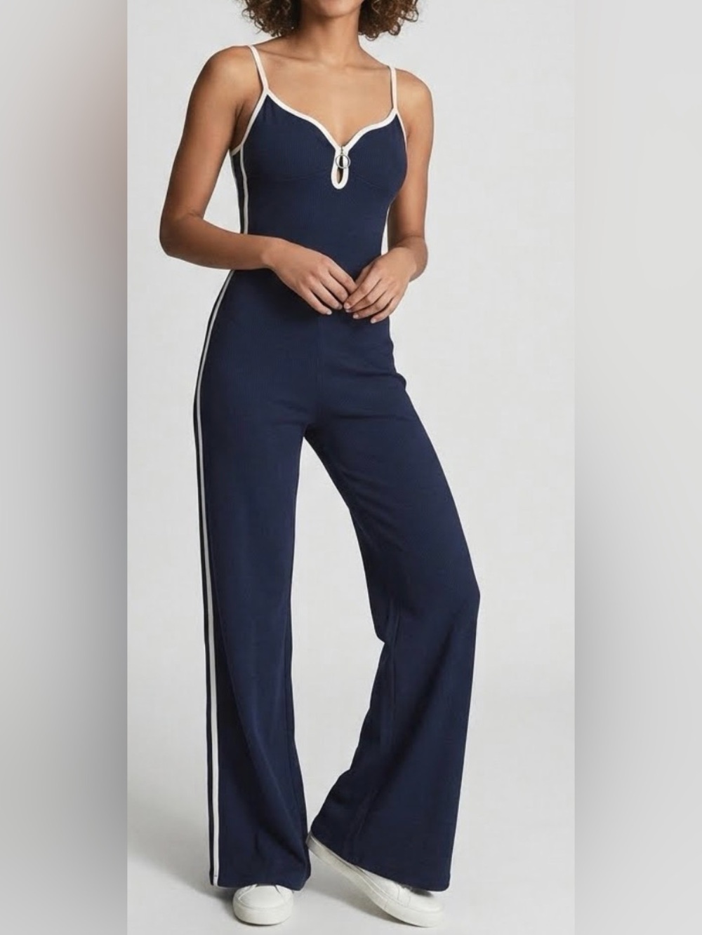 Sporty Blue and White Striped Jumpsuit with V-Neckline